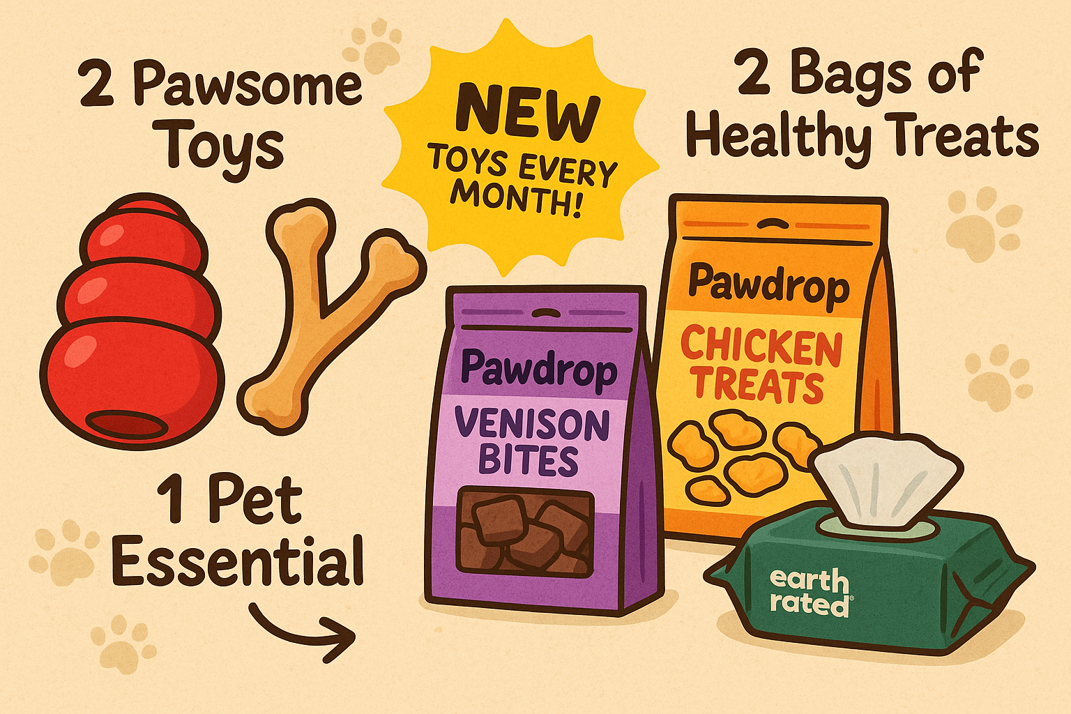 Illustration showing what's in a Pawdrop box: 2 pawsome toys, 2 bags of healthy treats, and 1 pet essential