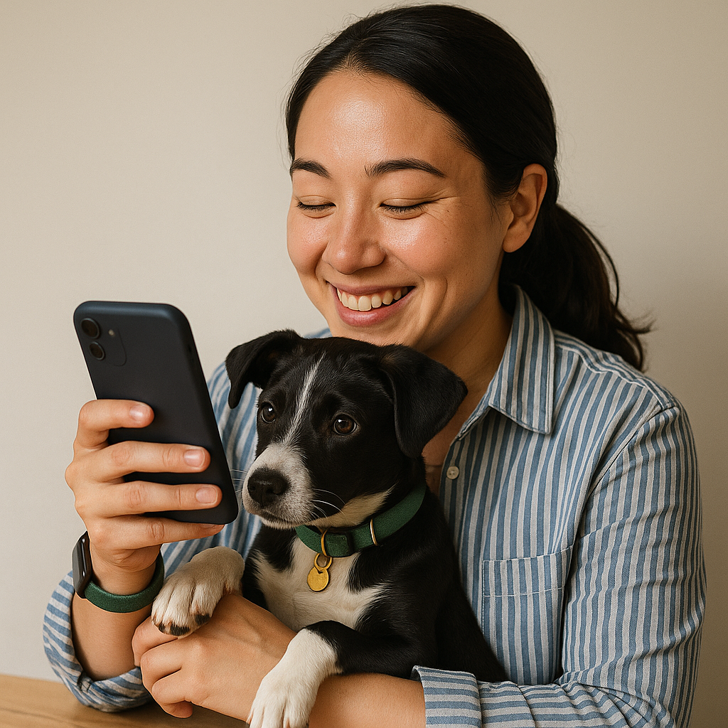 Happy woman holding her puppy while using her phone to chat with Pawdrop